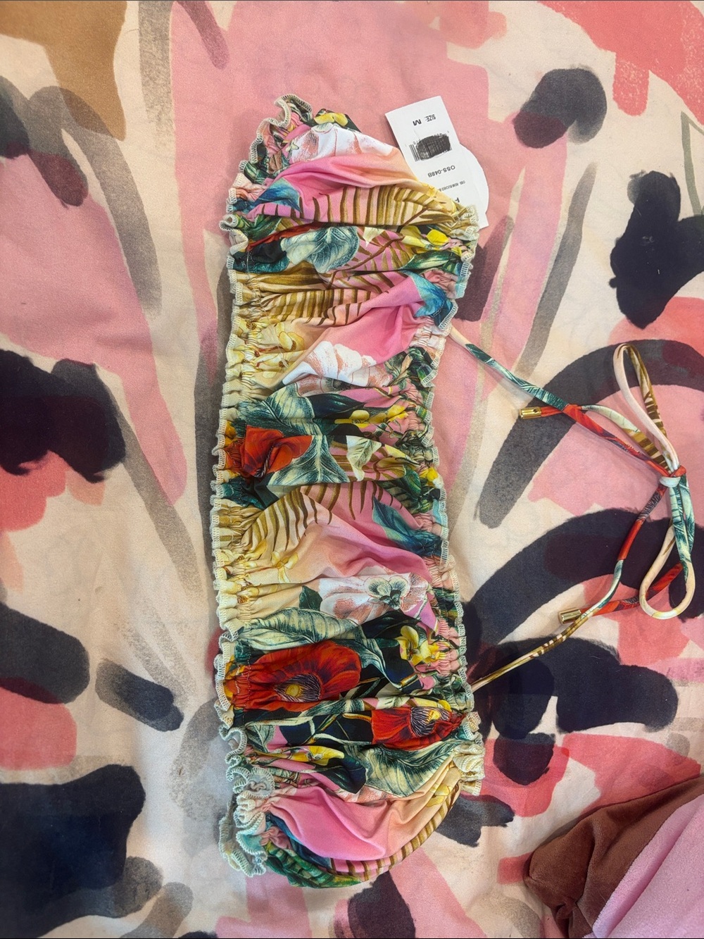 NWT PQ Swim Rem Ruched Bandeau Bikini Top Tropical Floral M